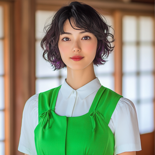 A Japanese woman in a green dress poses