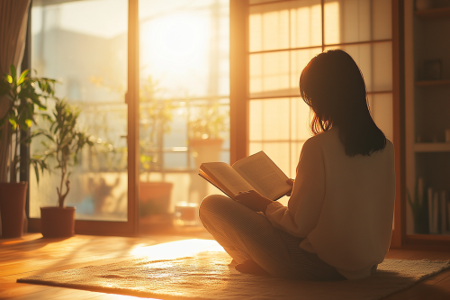 A Japanese woman peacefully reading at home