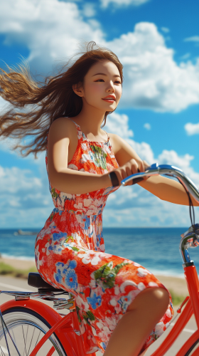 A Japanese woman rides bike by ocean