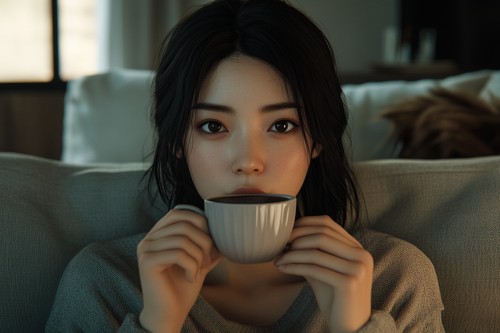 A Japanese woman sipping coffee in chic home
