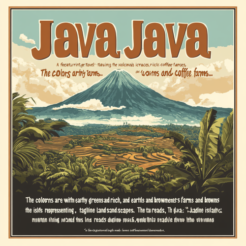 A Java travel poster with volcanoes, coffee, and adventure