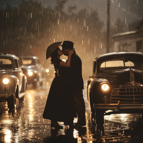 A Jewish couple embraces passionately in the rain