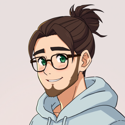 A Joyful Bearded Man with a Man Bun