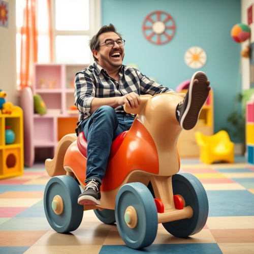 A Joyful Parent Playing on Oversized Playground Toy