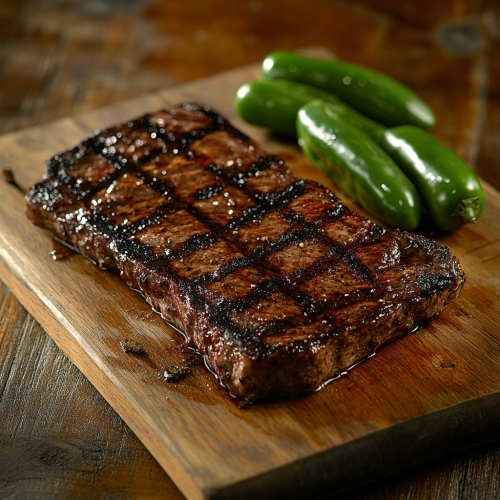 A Juicy Steak with Jalapeños on Wooden Platter.