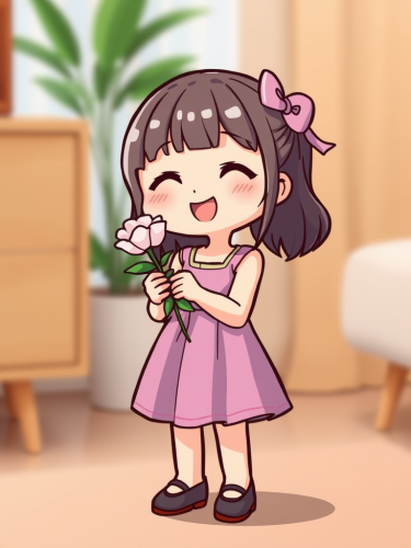 A Kawaii Girl Holding a Flower in Dress