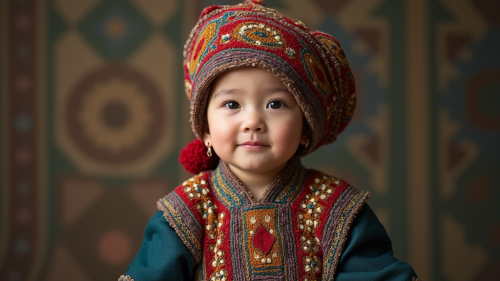A Kazakh Child in Traditional National Costume