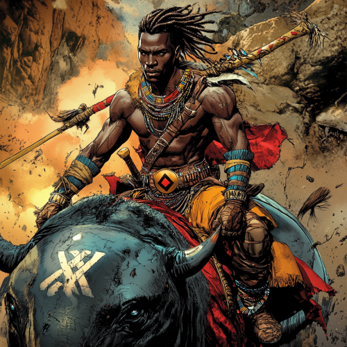 A Kenyan superhero in Maasai tribal suit charges
