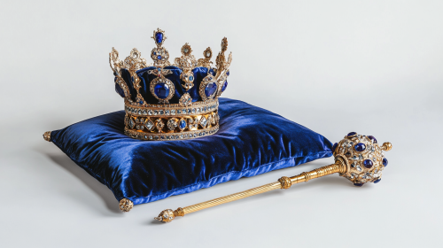 A King's Crown and Sceptre on Blue Cushion