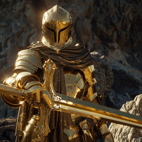 A Knight in Golden Armor removes Excalibur from Rock