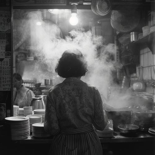 A Korean woman cooking in traditional kitchen