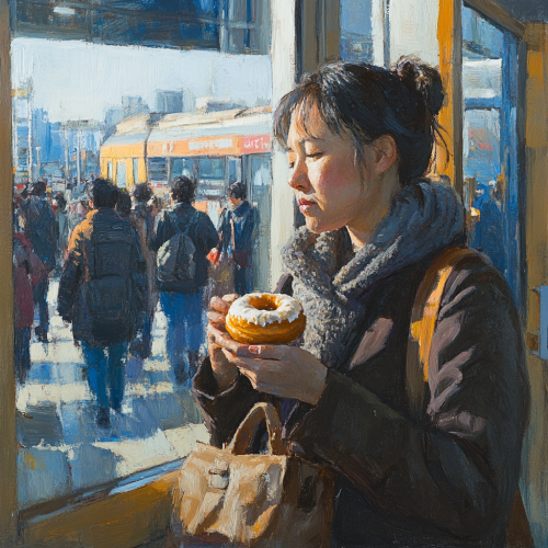 A Korean woman enjoying a donut at Seoul Station