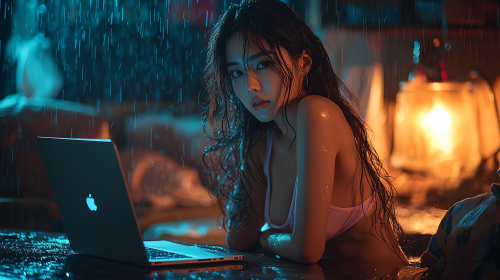 A Korean woman in tank top on laptop