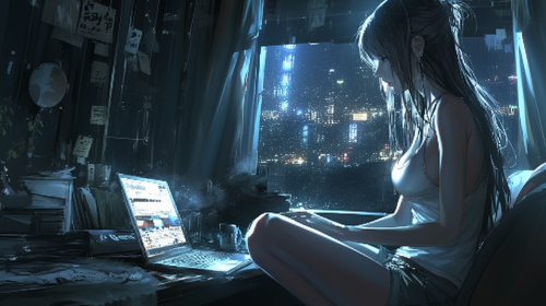 A Korean woman thinking at laptop in dark room