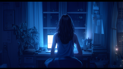 A Korean woman uses laptop on lit desk