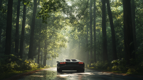 A Lamborghini Speeding Through a Spring Forest Hill