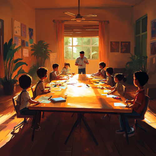 A Latin adult leads a chaotic kids' meeting