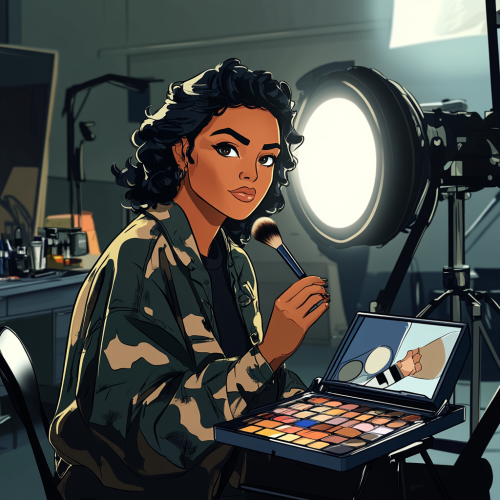 A Latino Makeup Artist on Film Set applying Touch-ups.