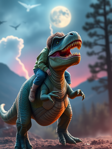 A Little Boy Riding a Vibrant T-Rex