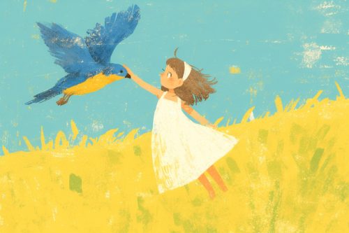 A Little Girl Soaring with Bird in Air