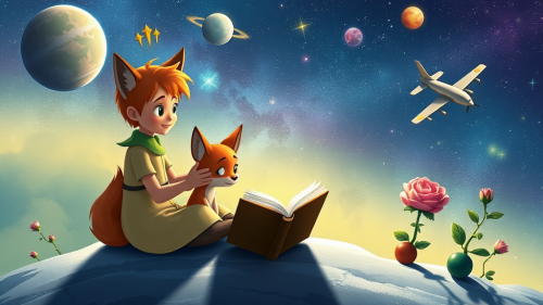 A Little Prince reading with fox and rose.