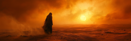 A Lone Figure in Sandstorm at Desert Sunset