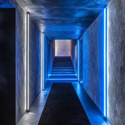 A Long, Dark Corridor with Reflective Metal Finish