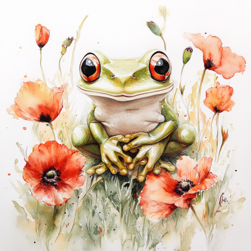 A Lovely Green Frog Smiling with Poppies