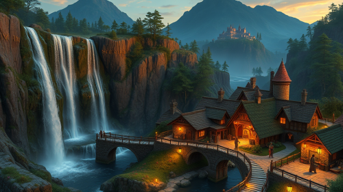 A Majestic Waterfall in Enchanted Medieval Village