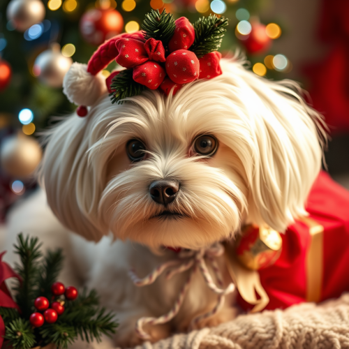 A Maltese dog wearing a Christmas hat.
