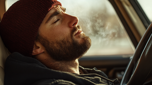 A Man's Blissful Moment Inside Beige Pickup Truck