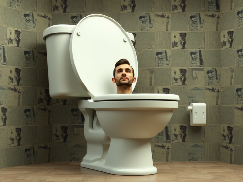 A Man's Head Emerging from a Giant Toilet