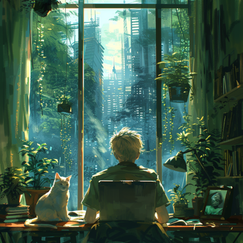 A Man, Cats, Forest Cityscape: Contemplative Cozy Workspace A Man, Cats, Forest Cityscape: Contemplative Cozy Workspace