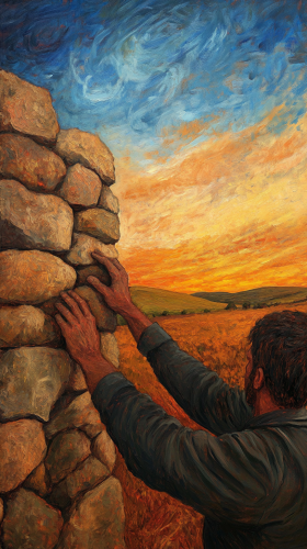 A Man Building a Stone Wall at Sunset