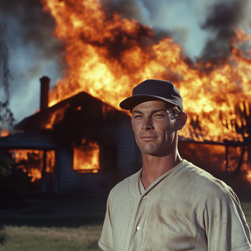 A Man in Baseball Uniform Smiling By Fire