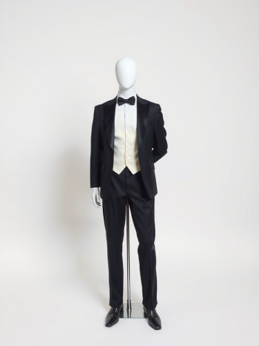 A Mannequin in Black Tuxedo in White Studio