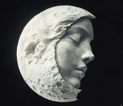 A Marble Moon Statue Against Black Background