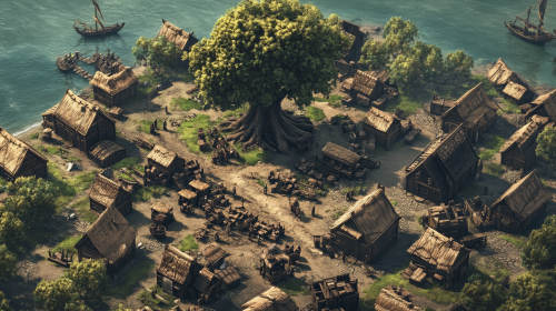A Medieval Village With Oak Tree Marketplace
