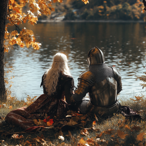 A Medieval knight and lady picnic by lake