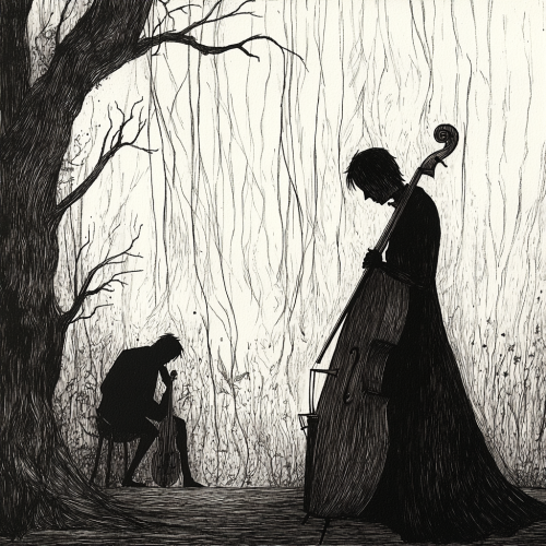 A Melancholic Figure with Cello Player_Background Elements