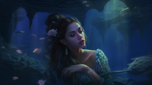 A Mermaid Holding Glowing Pearl Underwater