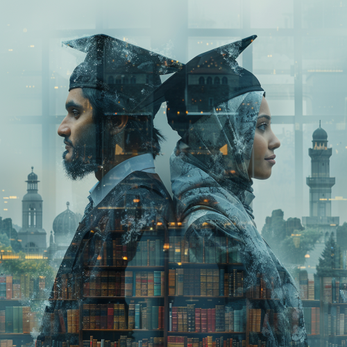 A Middle Eastern male and black female stand together in graduation caps with university background