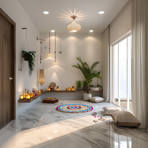 A Modern Apartment with Diwali Decoration and Rangoli