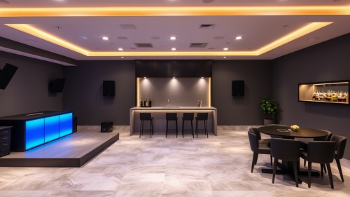 A Modern Basement Dance Floor with Amenities