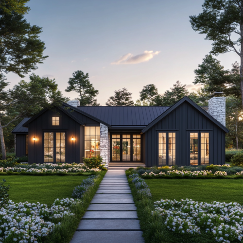 A Modern Farmhouse with Elegant Flowers at Dusk