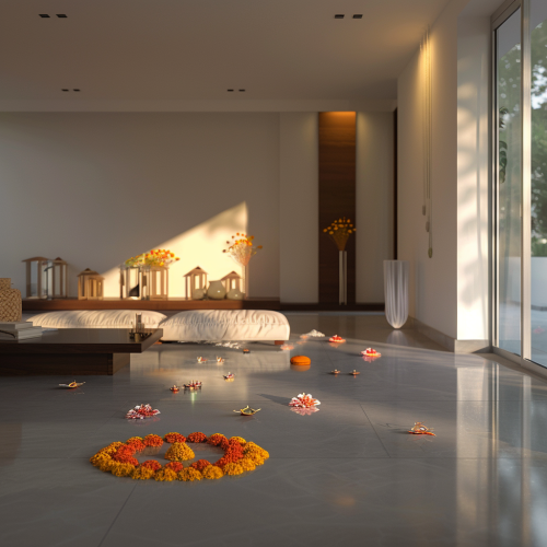 A Modern Home with Diwali Decorations and Lamps