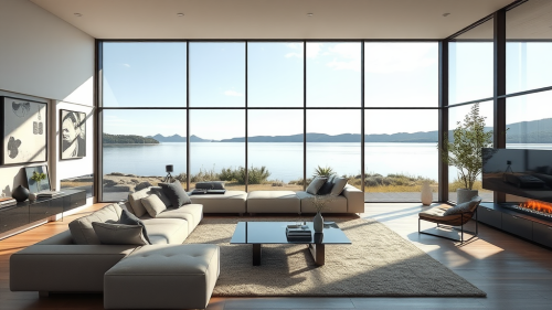 A Modern Mansion Living Room Overlooking a Lake