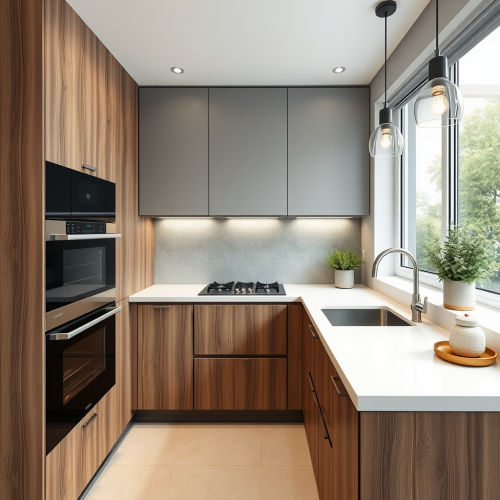 A Modern Small Kitchen with Grey and Walnut Details