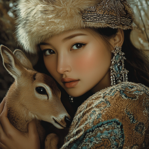 A Mongolian woman holding a baby doe gracefully