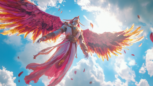 A Monk Bird Lady Flying in Pink Robes